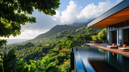 Wall Mural - Modern Tropical Home with Infinity Pool Overlooking Lush Green Mountains and Ocean