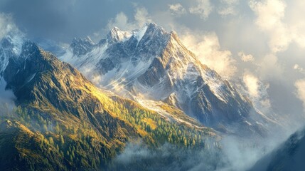 Poster - Majestic Mountain Peak Surrounded by Clouds and Mist