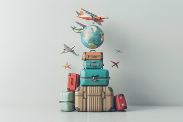 3d render of travel concept with suitcases, globe and plane flying around it on white background. Travel poster design template for vacation advertising banner, flight