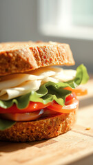 Wall Mural - Close-Up of a Delicious Sandwich with Tomatoes, Lettuce, and Cheese