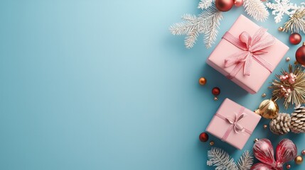 Poster - A blue background with two pink boxes and a bunch of Christmas decorations. The boxes are wrapped in pink ribbons and the decorations are gold and red