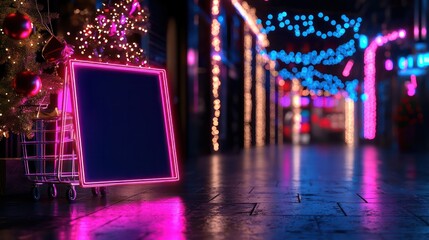 Poster - A neon sign with a black frame is lit up in a neon-lit city street. The sign is empty, but the bright lights and neon colors create a festive and energetic atmosphere