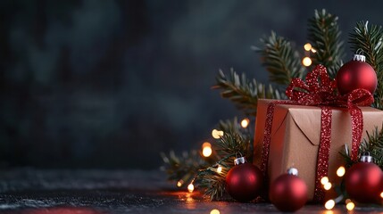 Poster - A brown box with a red ribbon sits on a table with a bunch of red Christmas ornaments