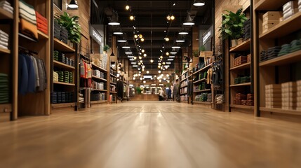 Aufkleber - A large open store with many shelves and a few people walking around. The store is filled with many different types of clothing, including shirts and pants. The atmosphere is bright and inviting