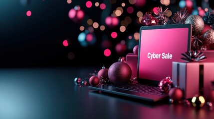 Poster - A laptop with a Christmas tree background and the words Cyber Sale written on it. The laptop is surrounded by Christmas decorations, including a box of presents. The image conveys a festive