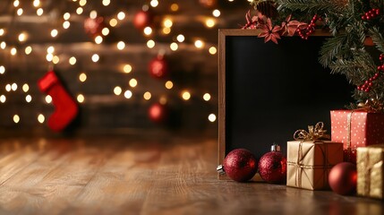 Poster - A blackboard with a Christmas tree and red decorations sits in front of a wooden wall. The scene is festive and inviting, with the blackboard serving as a focal point for the holiday decorations