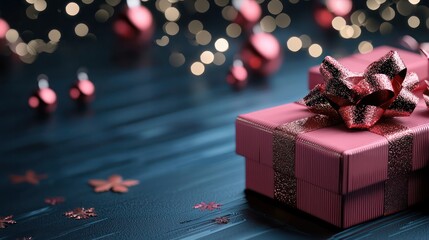 Aufkleber - A pink box with a red bow sits on a table with a blue background. The box is decorated with red ornaments and is surrounded by a festive atmosphere