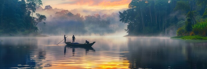 Poster - Fishermen cast their nets at dawn on a tranquil lake, reflecting the colorful sky and enveloped in morning mist among lush greenery. Generative AI