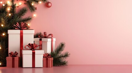 Poster - A Christmas tree with three white boxes on top of it. The boxes are decorated with red ribbons