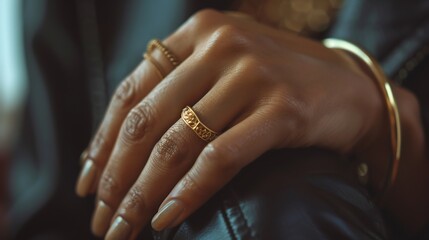 Wall Mural - Close up picture of womans hand with gold jewelry : Generative AI