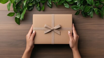 Poster - A person is holding a brown box with a bow on it. The box is wrapped in brown paper and has a ribbon tied around it