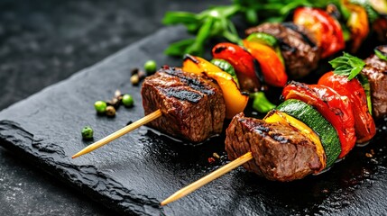 Two skewers of meat with vegetables on a black plate