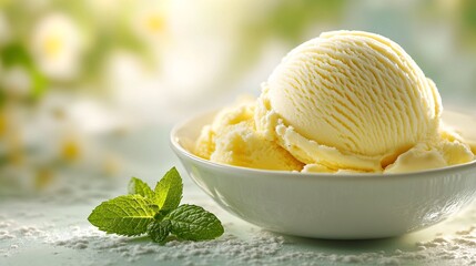 Poster - An artistic composition of a single scoop of ice cream in an elegant dish, with a minimalistic backdrop and a single mint leaf for a touch of sophistication Camera lens 50mm studio shot for Hi-end