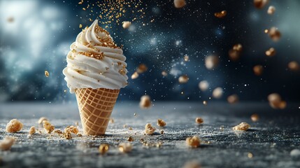Poster - A stylish shot of an ice cream cone with a beautifully piped swirl of ice cream, adorned with gold flakes or edible glitter for a high-end appeal Camera lens 50mm studio shot for Hi-end advertising