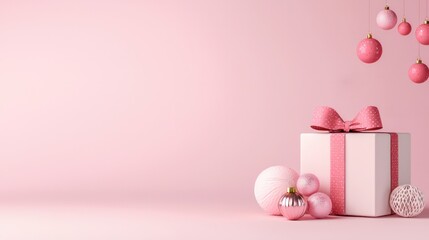 Poster - A pink box with a bow on top of it is surrounded by a bunch of pink balls. Concept of joy and celebration, as it is likely a gift for a special occasion