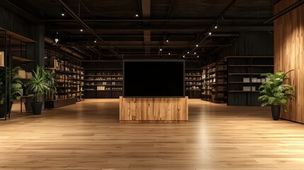Poster - A large empty room with a television on a wooden stand. The room is empty and has a modern, minimalist feel