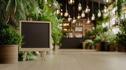 Poster - A blackboard is on a wooden stand in a room with lots of plants. The room is very open and has a lot of greenery