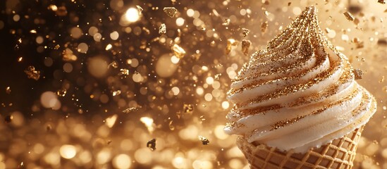 Poster - A stylish shot of an ice cream cone with a beautifully piped swirl of ice cream, adorned with gold flakes or edible glitter for a high-end appeal Camera lens 50mm studio shot for Hi-end advertising