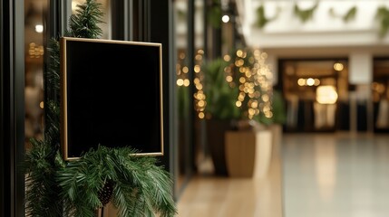 Poster - A black sign with a green frame is hanging on a window. The sign is empty, and the background is decorated with Christmas lights. The scene is set in a mall or a similar indoor space