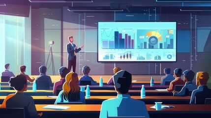Aufkleber - A professional leads a financial seminar, showcasing data visualizations on a large screen while attendees engage with the presentation. Generative AI