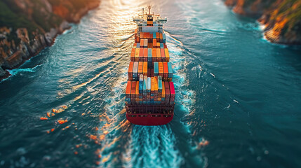 Container ship loading at busy port with cranes