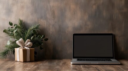 Poster - A laptop is on a wooden desk with a box of gifts next to it. The laptop is turned off and the box is open, revealing a present. Concept of anticipation and excitement