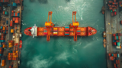 Container ship loading at busy port with cranes