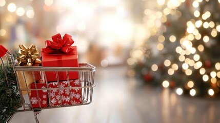 Poster - A shopping cart full of presents is in front of a Christmas tree. The scene is festive and joyful, with the bright lights of the tree and the colorful presents in the cart