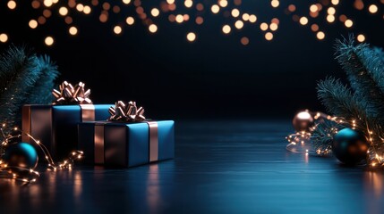 Aufkleber - A blue box with a gold bow sits on a wooden floor next to a Christmas tree. The box is decorated with a gold bow and is surrounded by other boxes and ornaments