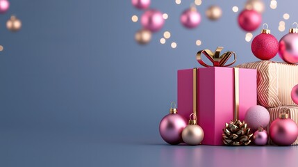 Aufkleber - A pink box with a gold ribbon sits on a blue background with a bunch of pink and gold Christmas ornaments