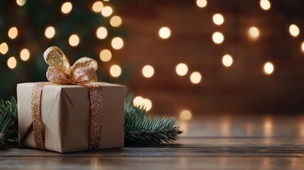 Poster - A brown box with a gold ribbon sits on a wooden table. The box is decorated with a gold bow and is surrounded by green leaves