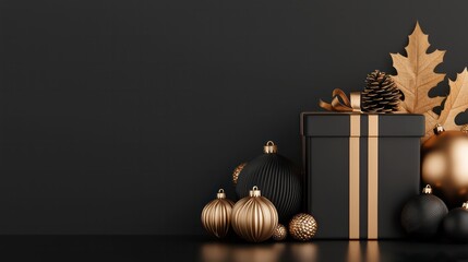 Poster - A black background with gold and silver decorations and a black box with a gold ribbon