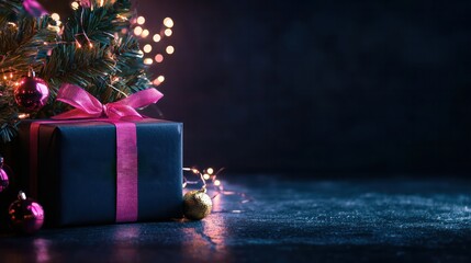 Poster - A black box with a pink ribbon sits on a dark background. The box is decorated with a string of lights and a few other decorations. Scene is festive and joyful, as it is a Christmas gift