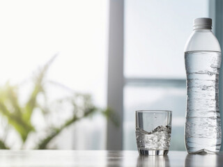 A glass of fresh mineral water from a bottle on the table in the living room