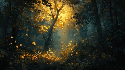 Wall Mural - Golden Leaves Falling Through a Misty Forest