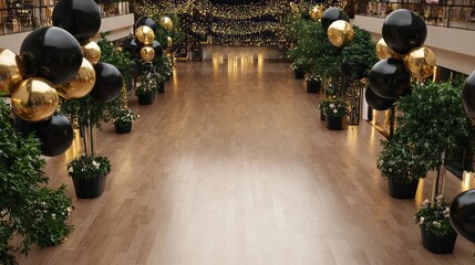 Poster - A large room with a black and gold theme. The room is decorated with balloons and plants. The balloons are in various sizes and colors, and the plants are placed throughout the room