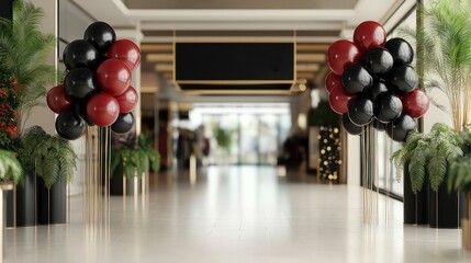Poster - A large room with a black and red balloon arch. The balloons are arranged in a way that creates a sense of movement and energy. The room is empty, with no people or furniture visible