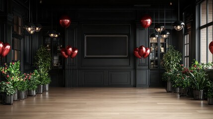 Poster - A large room with a black wall and a black television. There are many red balloons scattered throughout the room