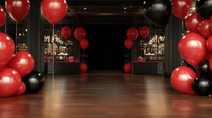 Poster - A room with red and black balloons and a black and white background. The balloons are arranged in a way that creates a sense of depth and space. Scene is celebratory and festive