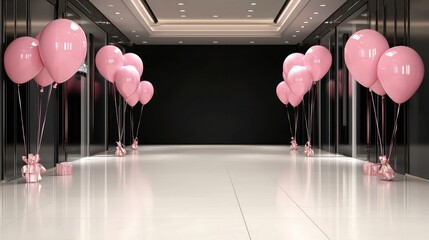 Poster - A room with pink balloons and a white floor. The balloons are scattered throughout the room, creating a festive atmosphere