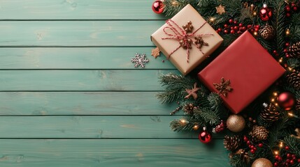 Aufkleber - A Christmas tree with two red boxes on top of it. The boxes are wrapped in red ribbon and are decorated with gold and silver. The tree is surrounded by many red and gold ornaments, including a star