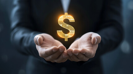 Detailed view of a businessman cupping the euro symbol in his hand.