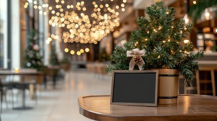 Poster - A small Christmas tree is sitting on a table in a restaurant. The tree is surrounded by lights and a black sign. The scene is warm and inviting, with the tree