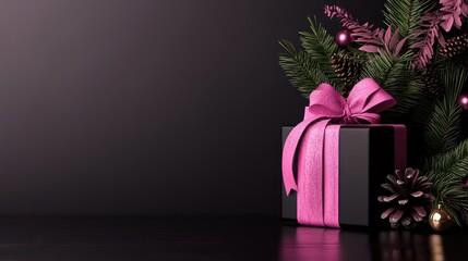 Poster - A black box with a pink ribbon sits on a dark background. The box is decorated with pine cones and a gold ornament. Concept of warmth and joy, as it represents the gift-giving season
