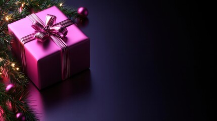 Aufkleber - A pink box with a bow on top of a black background. The box is surrounded by Christmas decorations