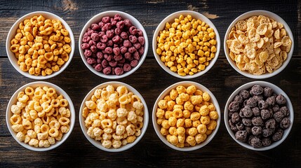 Poster - An artistic arrangement of different types of sugary cereals in separate bowls, showcasing vibrant colors and textures with a refined presentation Camera lens 50mm studio shot for Hi-end advertising