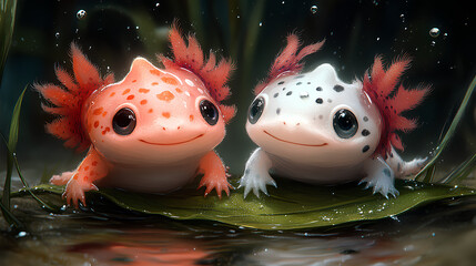 Poster - illustration of two cute colorful baby axolotls