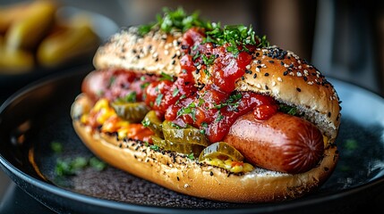 Poster - An elegant shot of a hot dog with a high-quality sausage crispy bun and upscale condiments like artisanal ketchup and organic pickles presented on a stylish plate Camera lens 50mm studio shot for