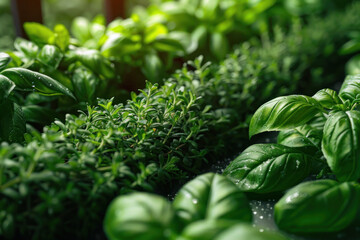 Vibrant fresh herbs in natural light