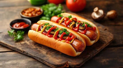 Poster - A refined close-up of a hot dog with a juicy sausage complemented by a premium bun and an assortment of gourmet toppings like sauteed mushrooms and truffle mayo Camera lens 50mm studio shot for